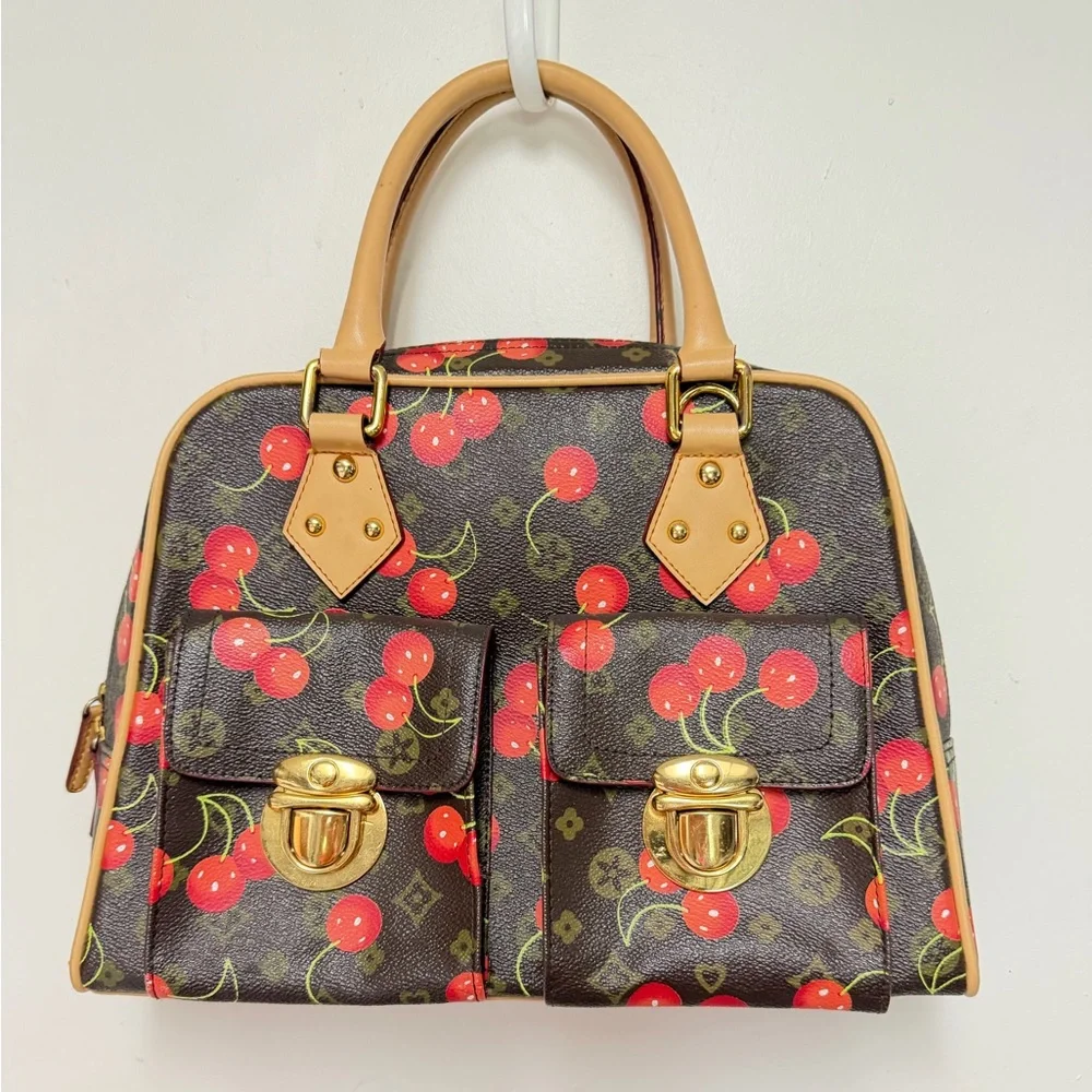 Cherry Print Satchel Handbag - Brown & Red - Picture 2 of 9